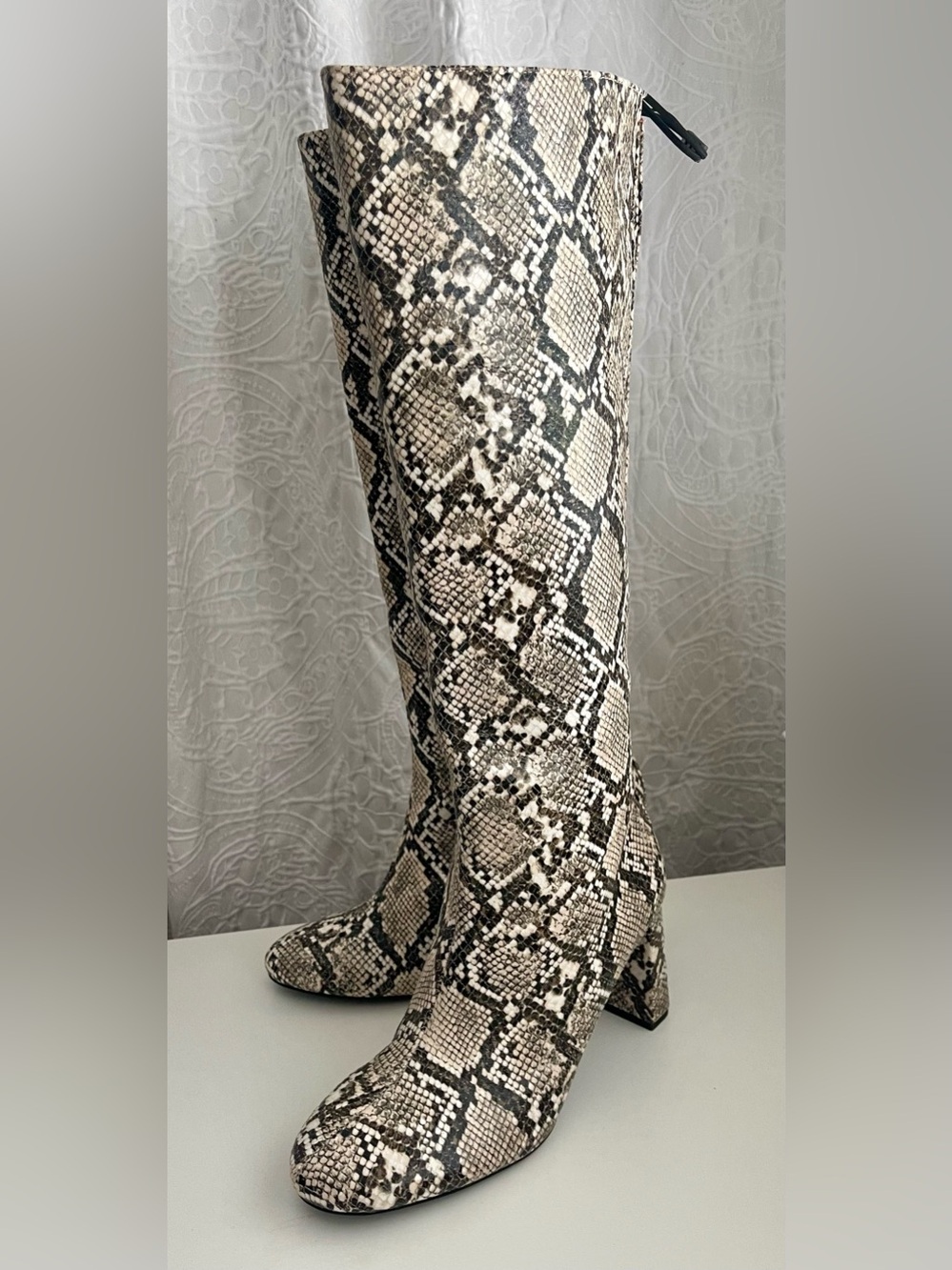 New ZARA Snakeskin Print Over the Knee Boots Block Heel Neutral Palette Size 9